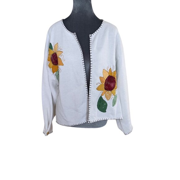 Unknown Sweaters - Hand-Painted Sunflower Cardigan Sweater Open Front White Lightweight Womens Larg